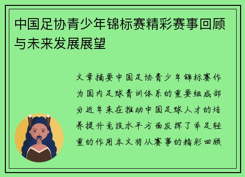 中国足协青少年锦标赛精彩赛事回顾与未来发展展望