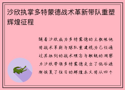 沙欣执掌多特蒙德战术革新带队重塑辉煌征程
